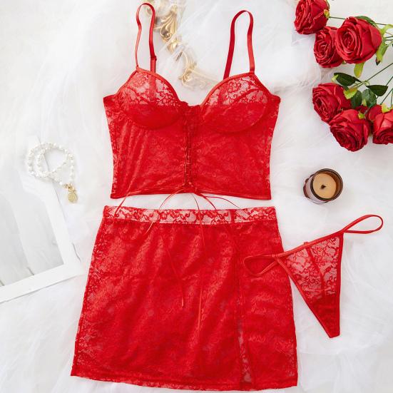 3 Pcs/Set Women Bra Panties Skirt Set See-through Lace Embroidery Hollow Out Lace-up Straps Thin High Waist Skirt Night Valentines Day Underwear Set