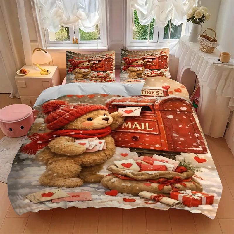 3pcs Valentines Day Gift - Cute Teddy Bear Bedding Set with Red Heart Envelopes - Includes One Quilt Cover and Two Pillowcases (No Core) - P