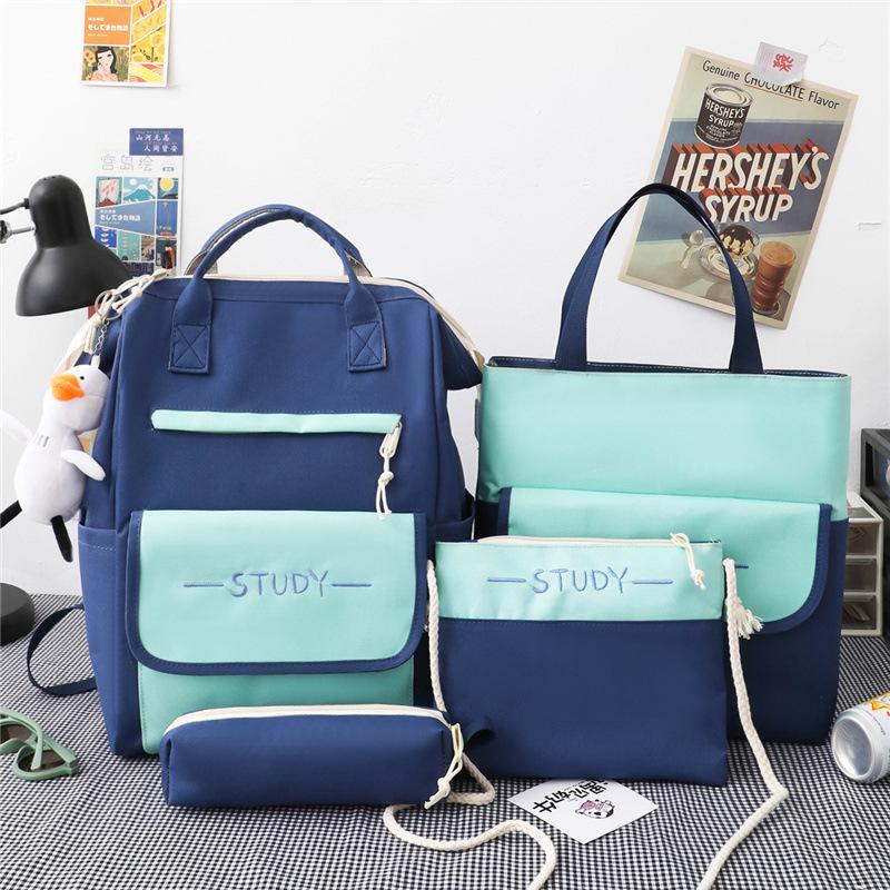 

Новая сумка для книг из пяти предметов, женская начальная школа, средняя школа, школьный рюкзак с кулоном в виде утки, большая вместительная сумка контрастного цвета, сумка для ручек