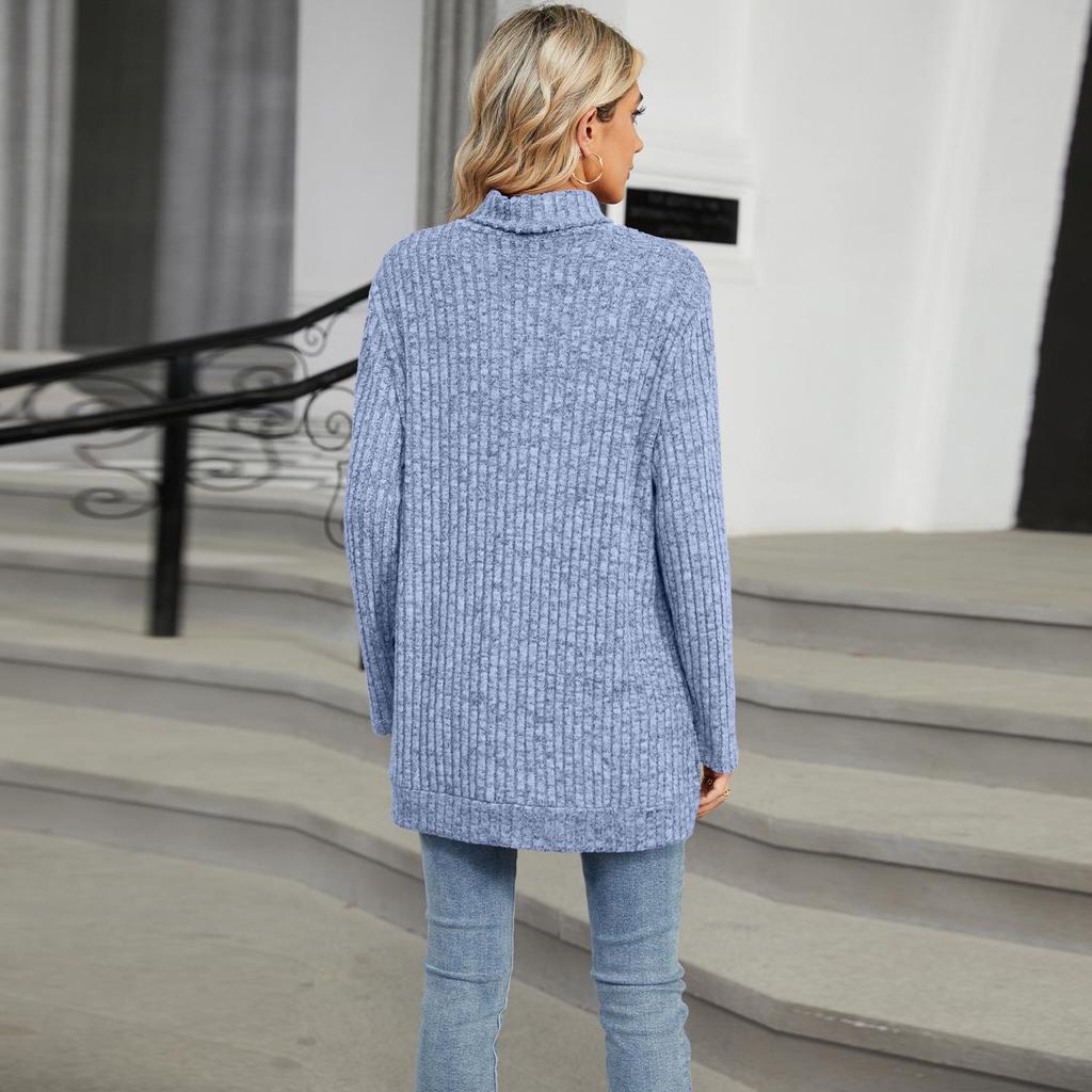 2024 High-Neck Loose Long-Sleeve Slit T-Shirt for Women: Autumn/Winter Collection