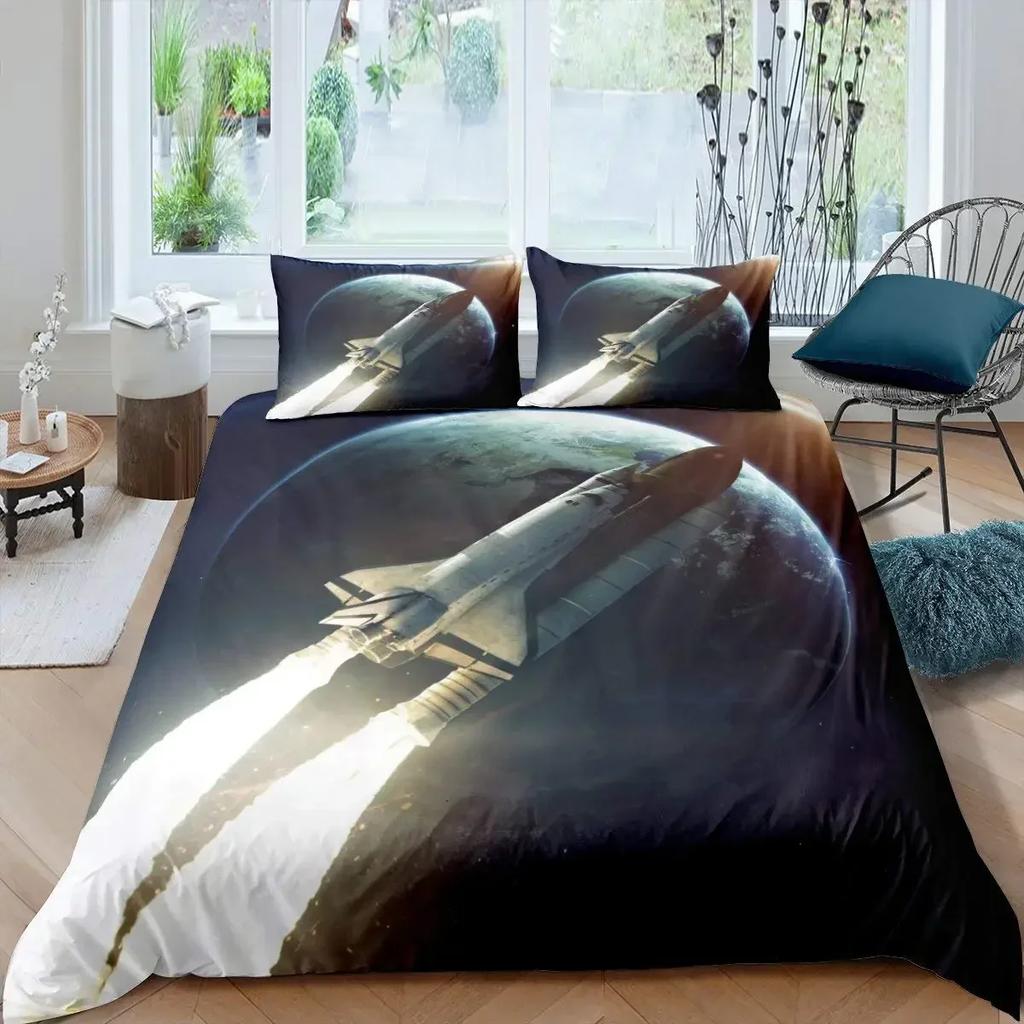 Rocket Spaceship Comfortable Duvet Quilt Cover Pillowcase Bedding Set Children Bedroom Decoration Home Textile