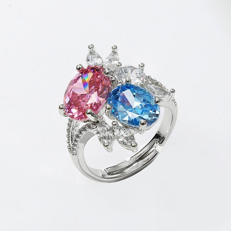 Elegant Crystal Adjustable Ring with Colored Gems: Fashionable High-End Jewelry