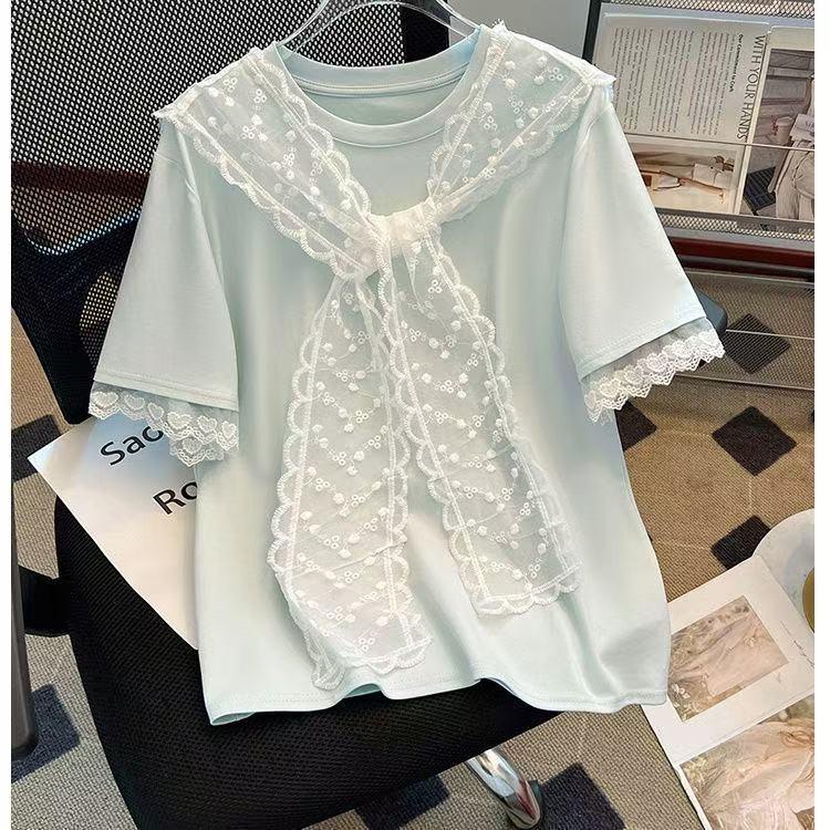 Women's Plus Size Doll Collar Lace-Up Short Sleeve T-shirt - 2025 Summer Slimming Fashion Top