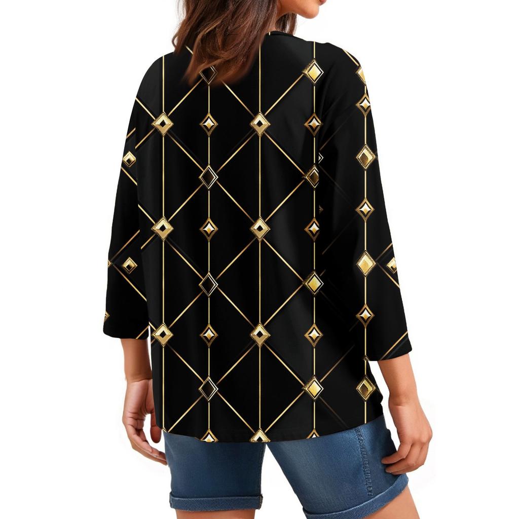 Women's Tops Three-quarter Sleeve Shirt V-neck Loose Casual Shirt Textured Printed T-shirt