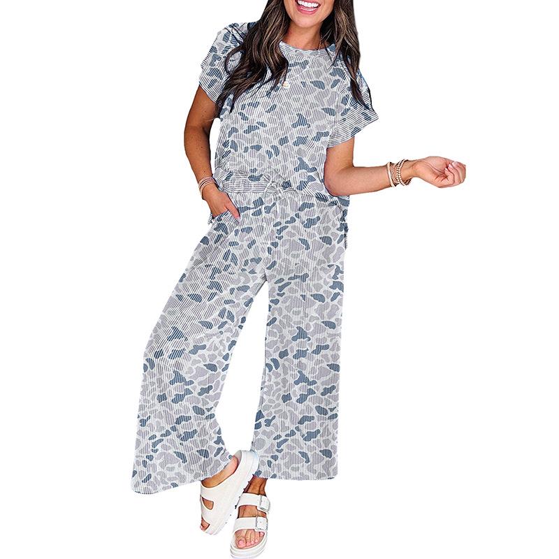 2026 Summer Ribbed Camouflage Print Women s Casual Two-Piece Set S