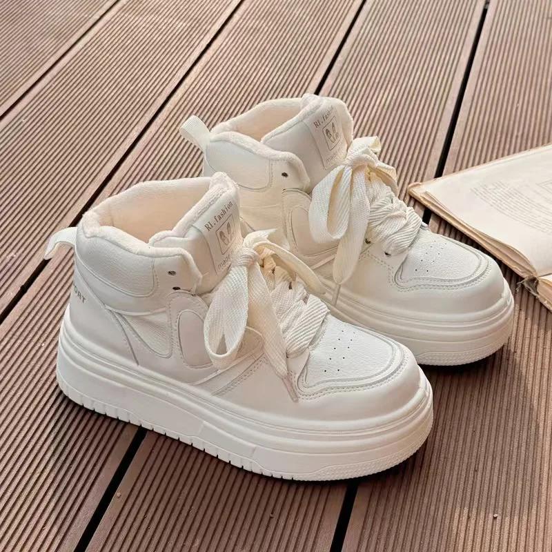 Thick Soled Velvet Cotton Shoes for Women 2024winter New High Top Versatile White Shoes Casual Sports Board Shoes Platform