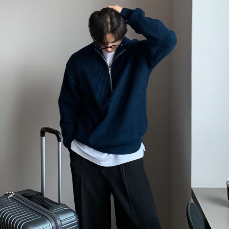 

Корейский стиль мужской осенний кардиган свитер с застежкой-молнией на половину длины - красивая универсальная водолазка с воротником-стойкой L синий
