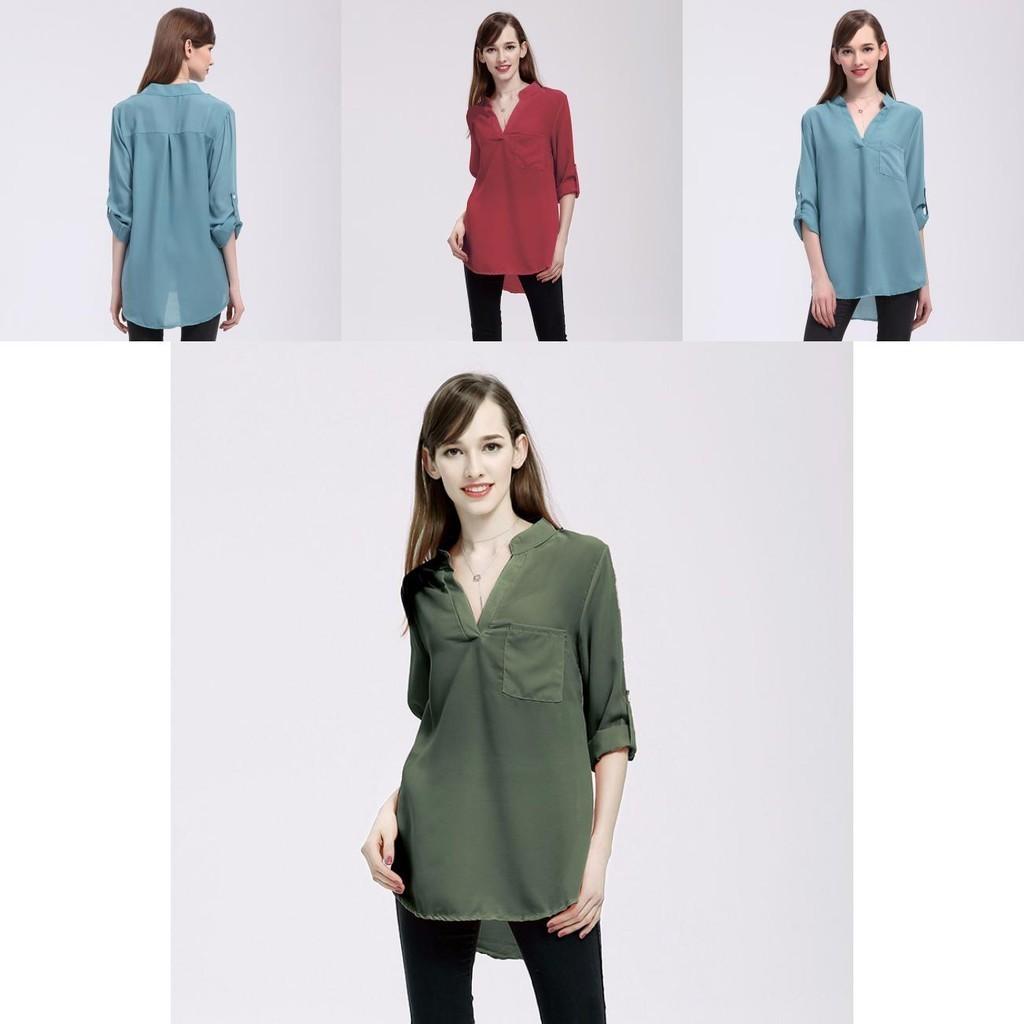 Blusas de Chiffon Estilosas Para Mulheres Camisas de Corte Amplo com Decote em V e Mangas Longas Perfeitas Para o Escritório e Uso Casual na Primavera