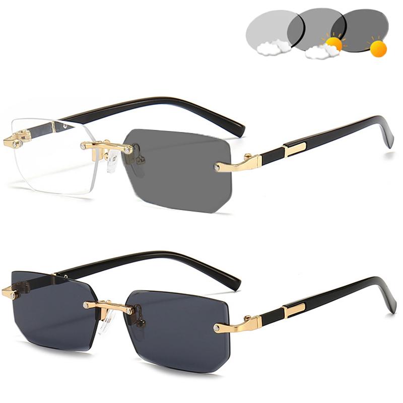 Rimless Rectangle Pochromic Sunglasses Women UV400 Protection Outdoor Travel Street Pography Unisex Goggle Shades Glasses