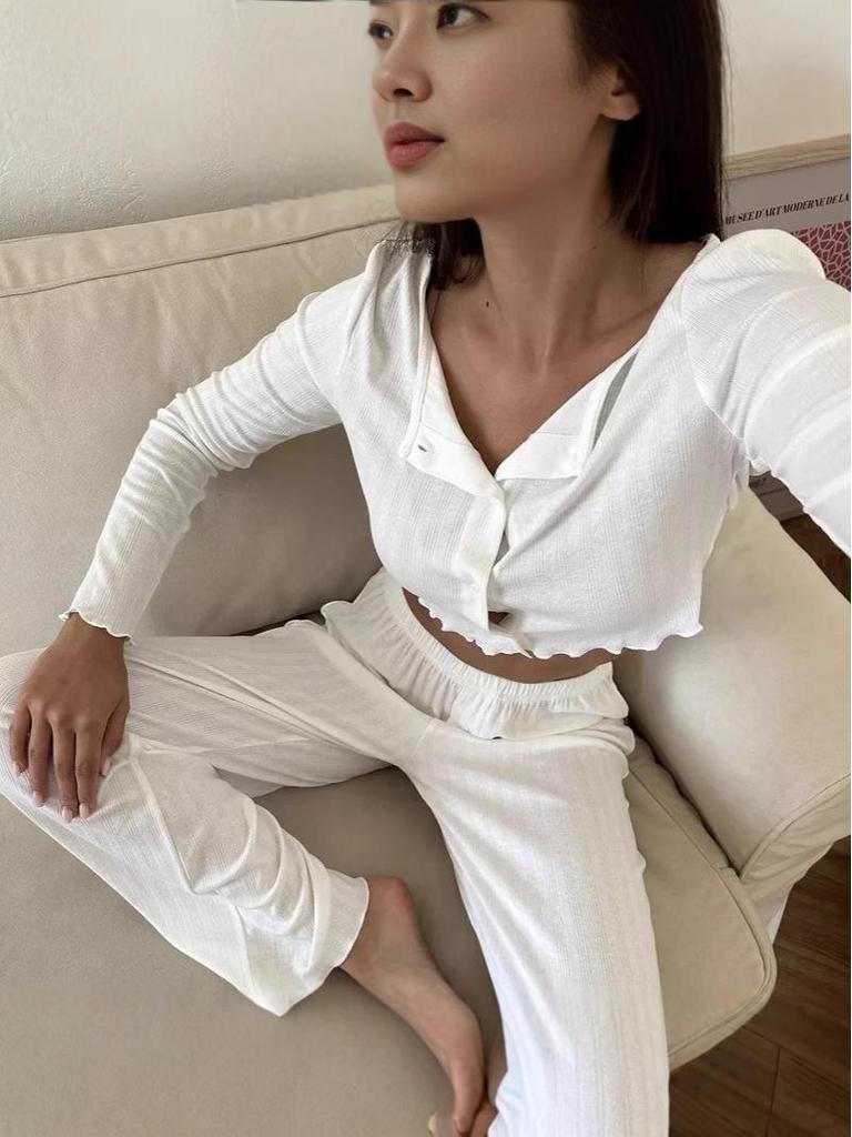 Europäisches & Amerikanisches Herbst/Winter Baumwollmischstrick Langarm Oberteil und Hosen Set