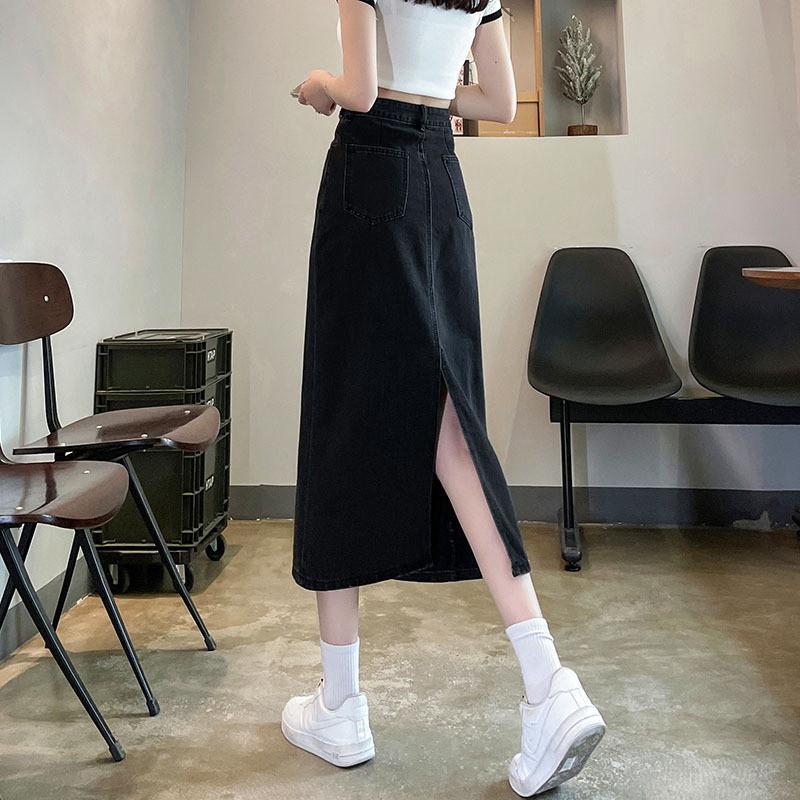 Denim Skirt Waterwash A Line Midi Skirt With Side Slit For Casual Women