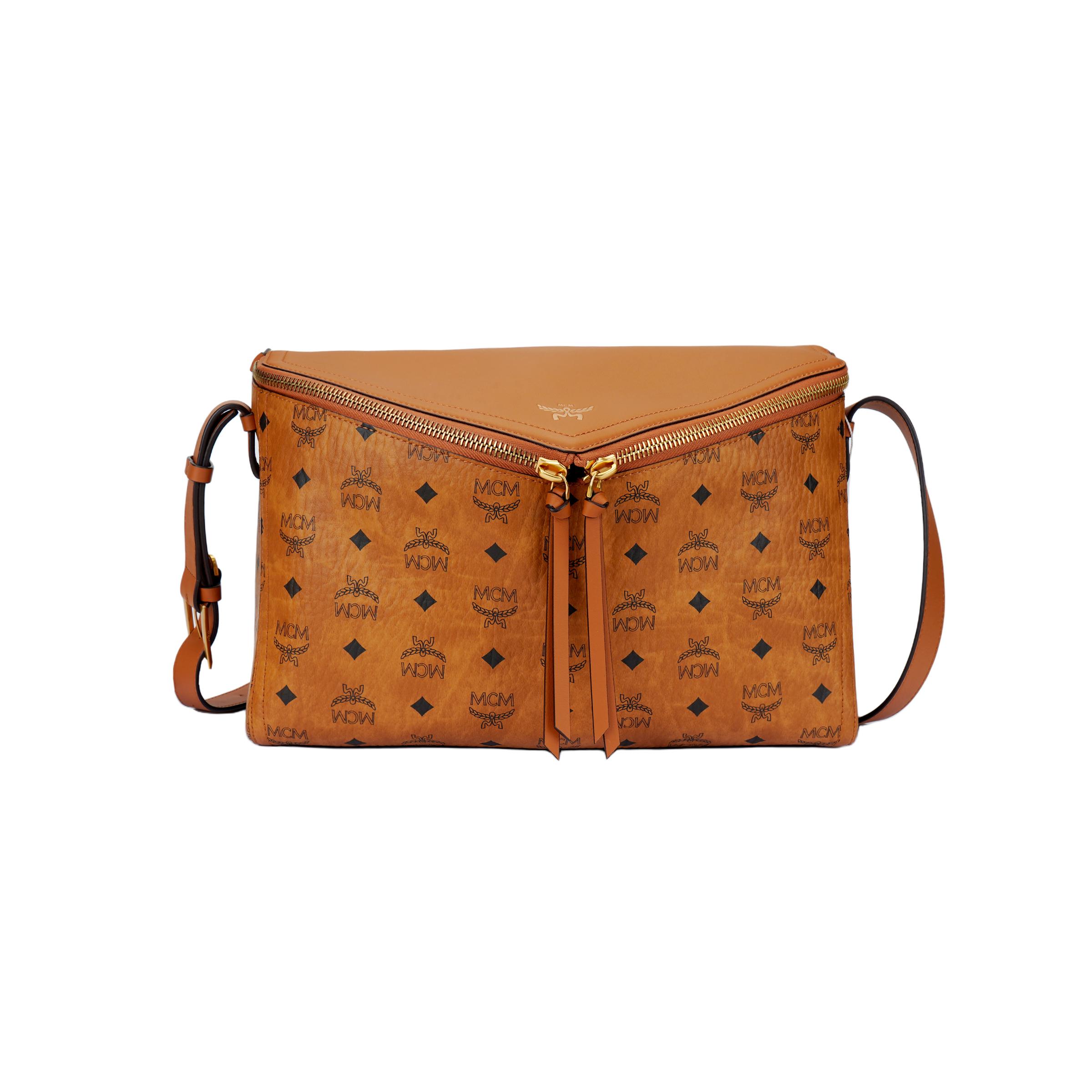 

MCM Cognac Visetos Leather Triangle Crossbody Bag with Gold Hardware for Daily Use Basic Set (Bag+Dust Bag)