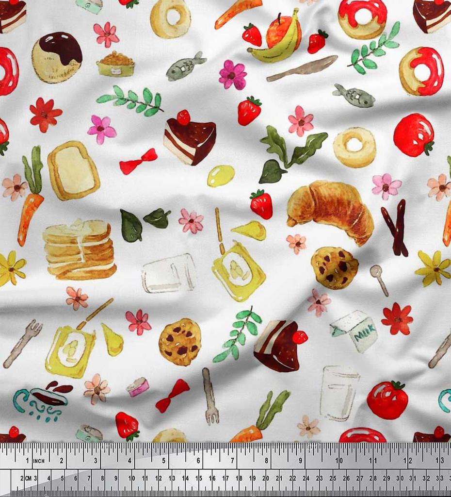 Soimoi Japan Crepe Satin Fabric Fruits,Bread & Donut Food Decor Fabric Printed metre 42 Inch