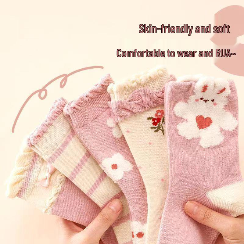 Children's Pink Princess Socks: Autumn & Winter Lace Rabbit Design