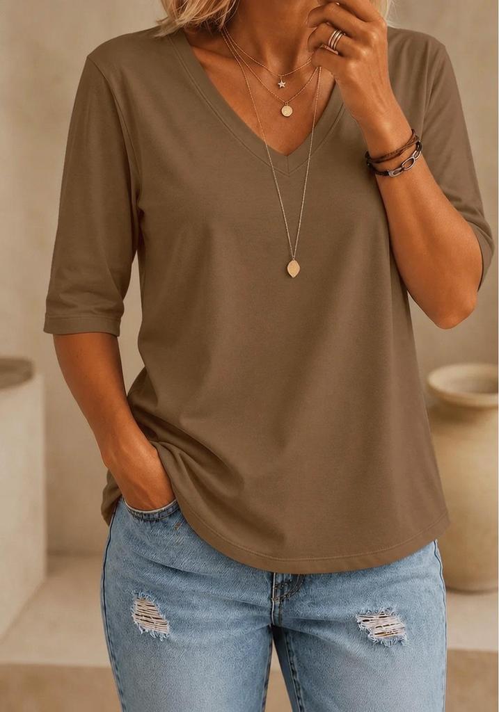 Top Donna Scollo a V Colore Unito Manica a Tre Quarti Ampio Estate 2026