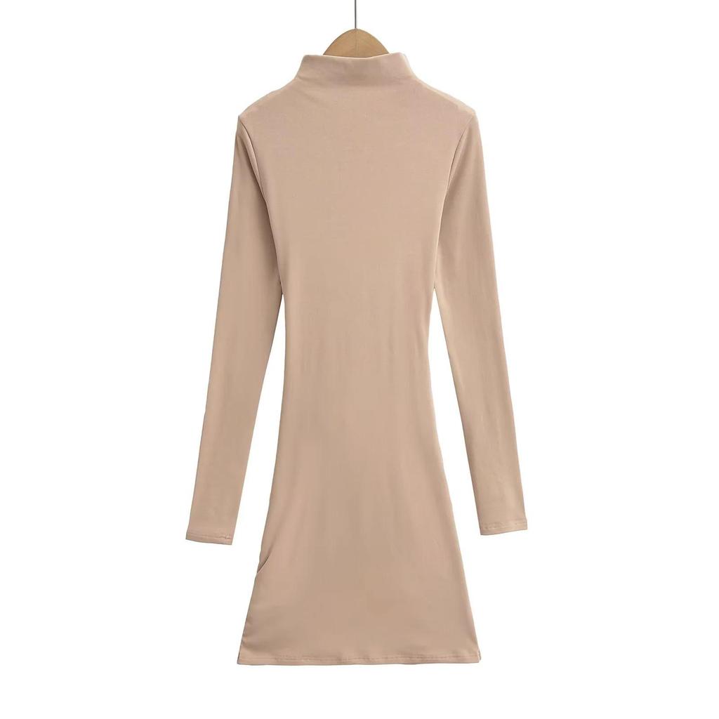 European-Style High Neck Long Sleeve Fleece Dress - Pleated Hot Girl Hip Wrap Skirt