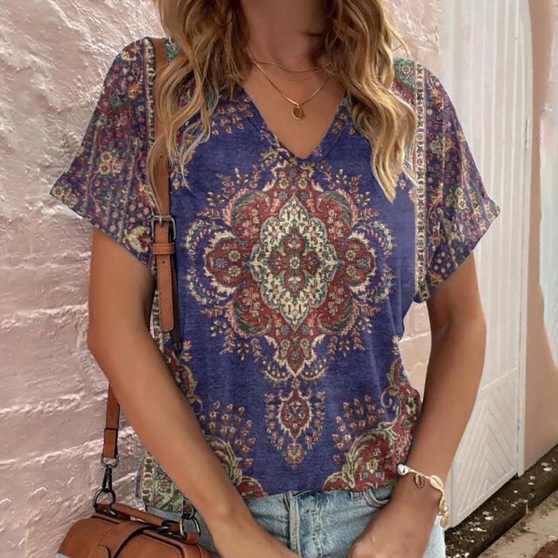 Casual Bohemian Print Women's Short Sleeve V-Neck Top T-Shirt