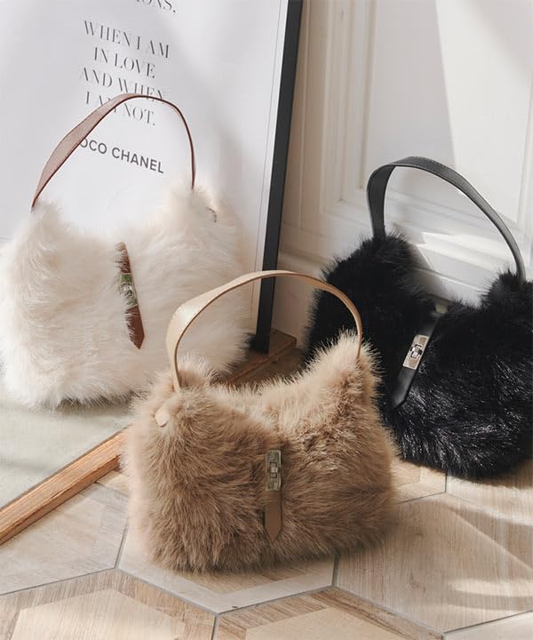 Kobe Lettuce Half Moon Fur Back Bag, Women's, FallWinter, Shaggy Shoulder BagHandbag, Office Casual, Commuting, School [B1657], One Size, Beige