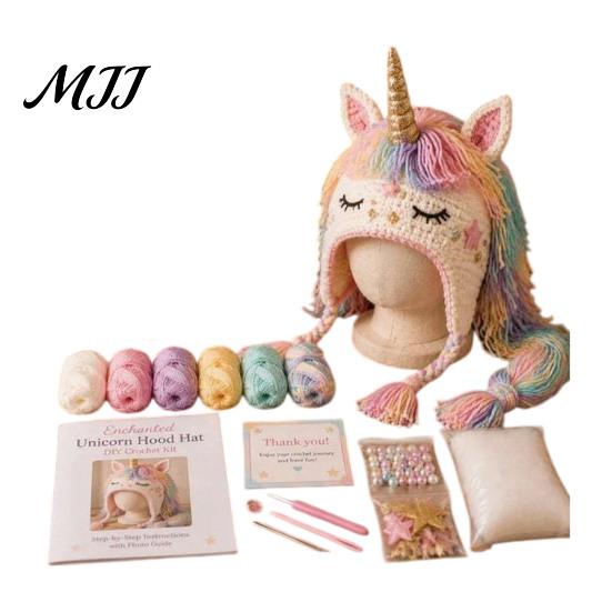 Halloween Cosplay Hat Kit Fantasy Hood Crochet Kit, Cute Animal DIY Dragon Unicorn Making Supplies Skull Earflap Craft for Adults, Handmade