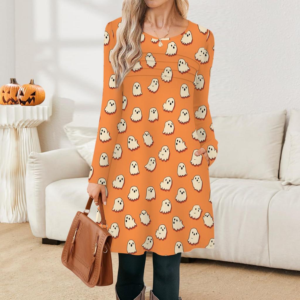Damen Langarmkleid Herbst Freizeit T-Shirt Lockere Passform Plissiertes Vorderteil Kleider mit Taschen