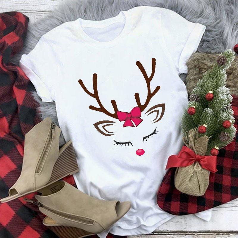 Women's Crew Neck Short Sleeve Graphic Print Christmas T-Shirts Loose Fit Casual Tees