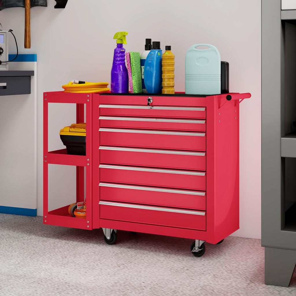 Workshop Cart Tool Cart with 7 Drawers, Removable Side Shelf, 4 Casters with Locking Brake, 96x33.5x75cm, Red