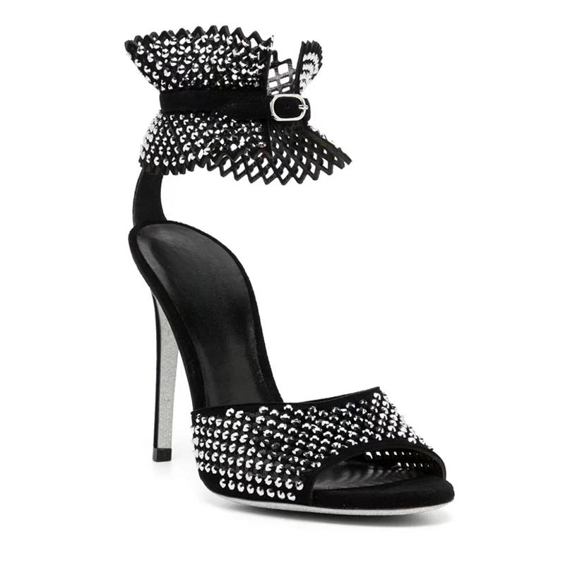 Fashion Summer New Water Diamond Fish Mouth Sexy Sandals Brand 2024 Buckle Hollow Out High Heel Wedding Party Women's Shoes Size 34-43