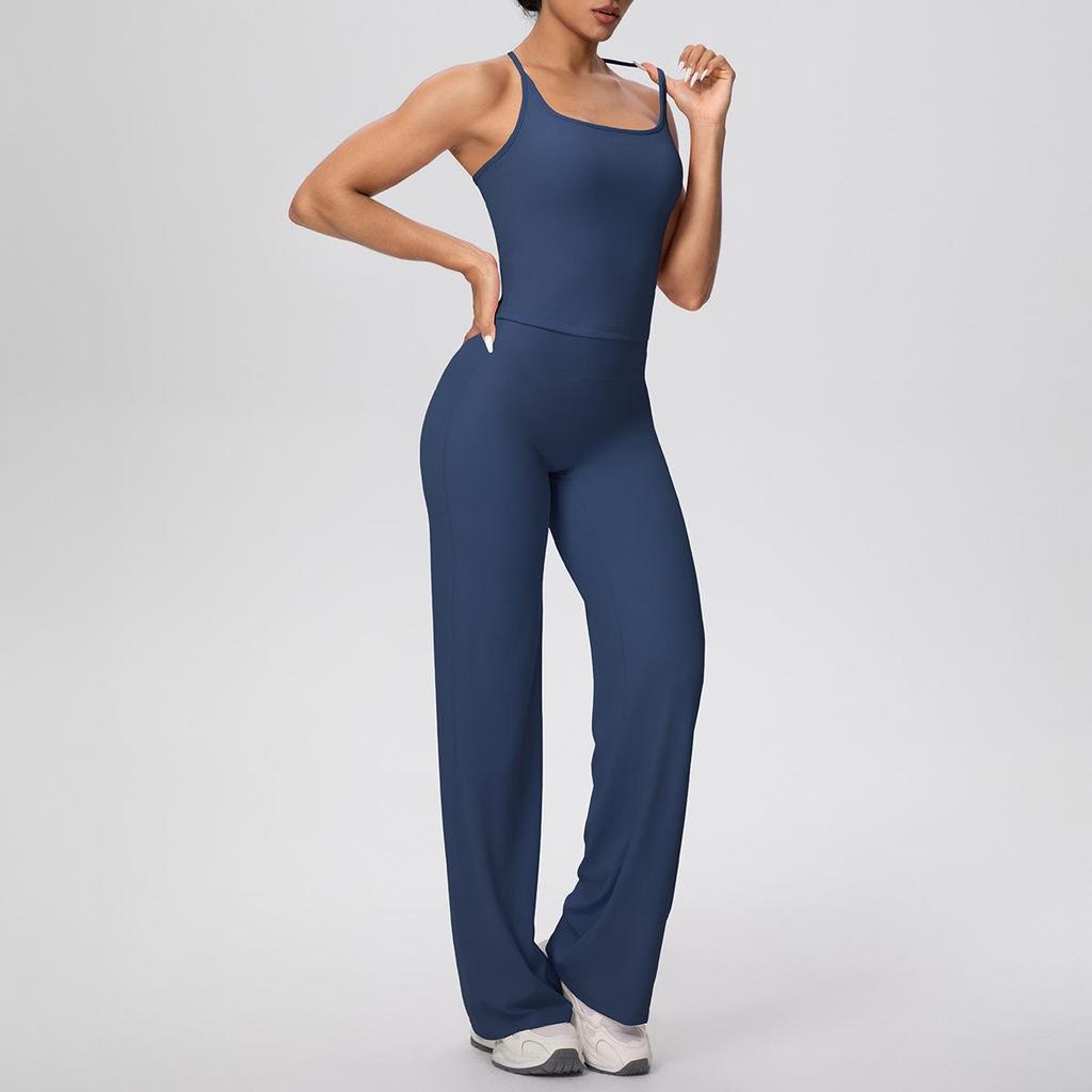 Solid Color Racerback Tank & High-Waist Wide-Leg Yoga Pants Set