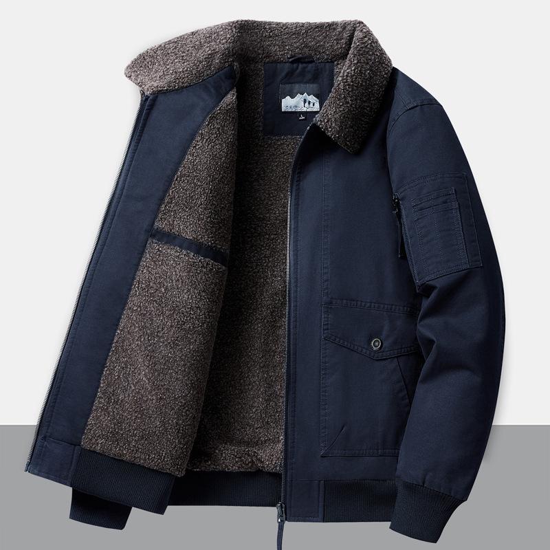 Men's Casual Fleece-Lined Warm Workwear Jacket – Retro Turn-Down Collar Coat for Autumn and Winter.