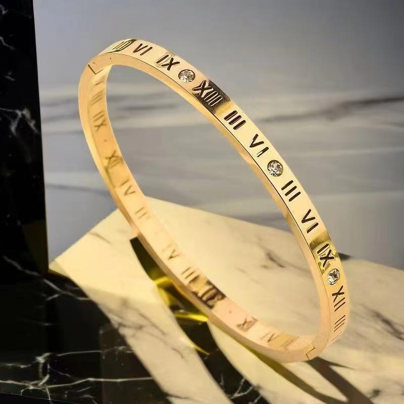 European & American Titanium Steel Hollow Electroplated Bangle with Diamonds - Versatile Stainless Steel Women's Fashion Jewelry