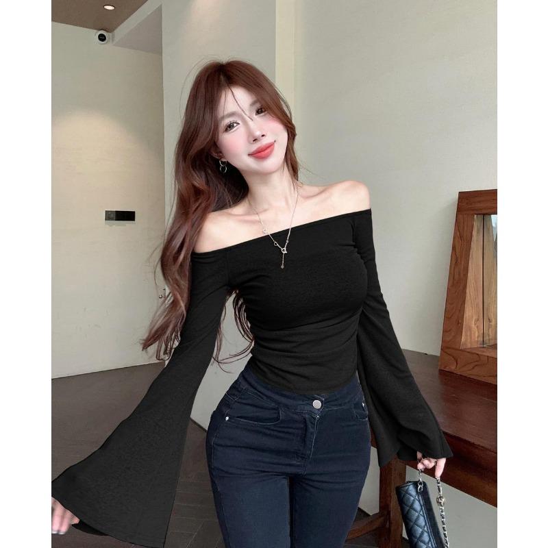 Autumn One Shoulder Large Trumpet Sleeves Ice Silk Sunscreen Sweater Women Showing Clavicle Thin Long-sleeved T-shirt Top