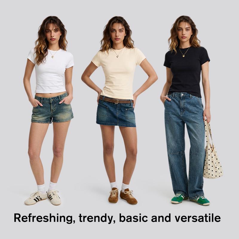 Women's Spring Summer Slim Fit Spandex T-shirt - Short Sleeve American Style