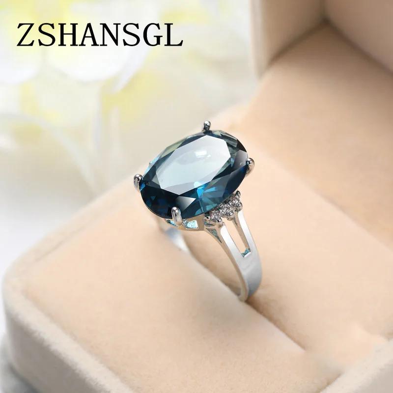 Fashion Women   Sterling Silver Oval Dazzling Blue Zircon Crystal Rings Size 6-10 Female  Anillos Wholesale