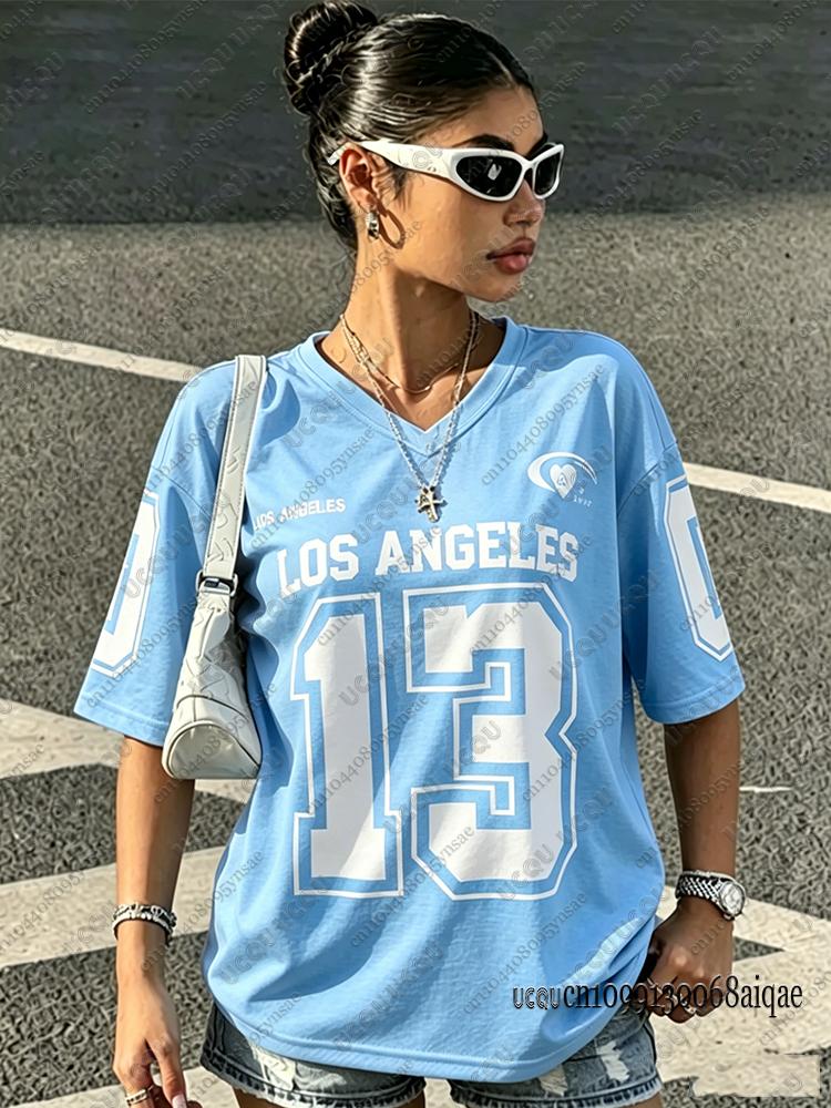 Los Angeles Nr. 13 Bedrucktes T-Shirt Für Damen Sommer V-Ausschnitt Kurzarm Sport Fußballtrikot Lässig Y2K Locker Übergröße Oberteile