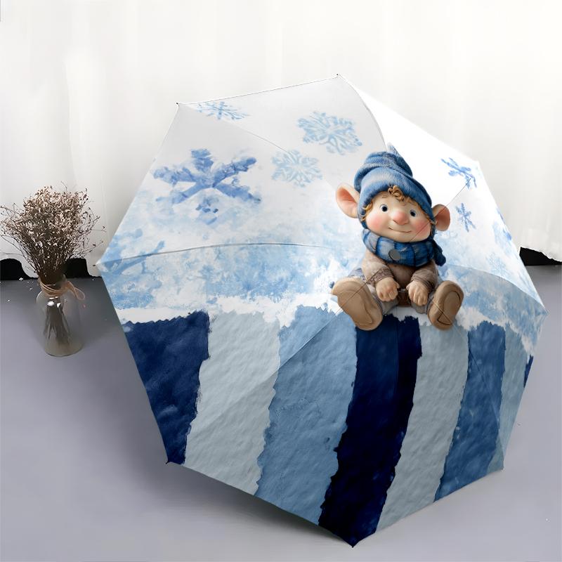 Cartoon Snowman Pattern, Automatic Folding Umbrella, Portable and Foldable Design, 8 Ribs, a Christmas or Birthday Gift.
