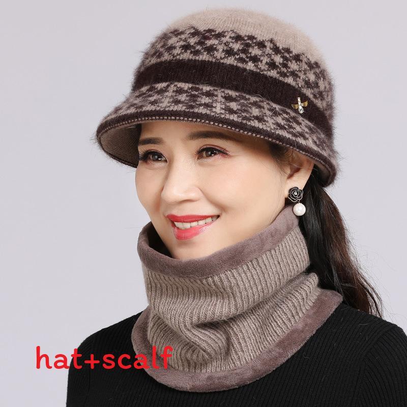 

Knitted Rabbit Fur Hat For Elderly Women Winter Warmth With Flower Embroidery Khaki