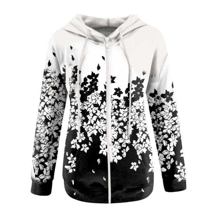 Loose Casual Women Hoodie Full Zip Long Sleeve Floral Print Jacket With Pockets