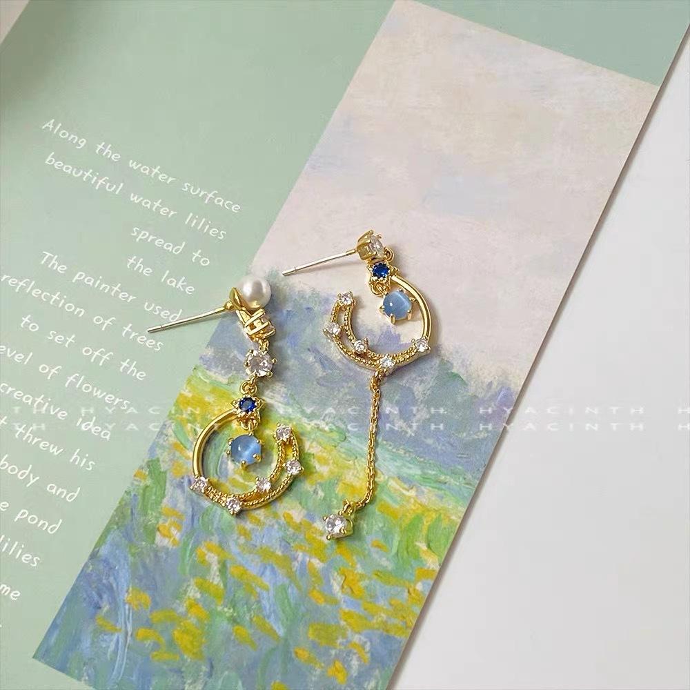 New Silver Needle Asymmetrical Tassel Star Moon Earrings Female, Temperament Super Immortal Long Tassel Earrings Earrings 925 silver needle