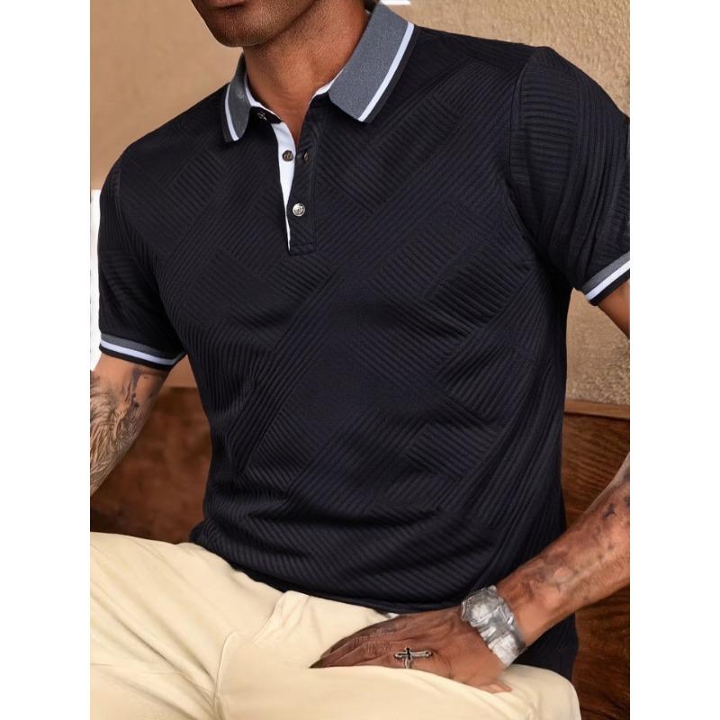 Men Textured Polo Shirt Contrast Collar Short Sleeve Casual Button Up T Shirt S чёрный