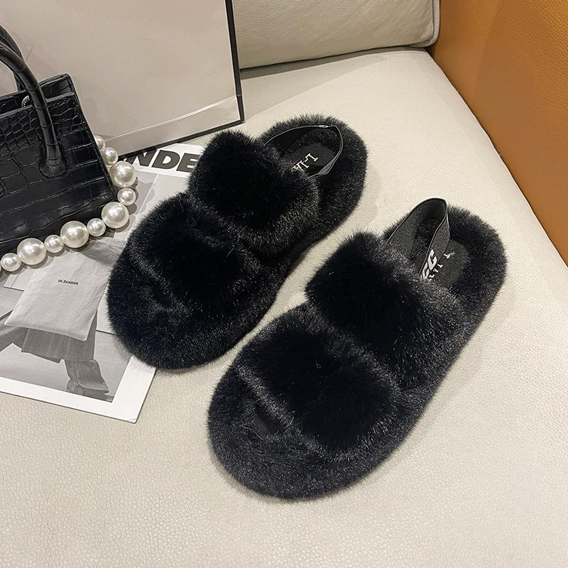 Women Fur Slippers Flats Casual Shoes 2025 Trend New Winter Open Toe Flip Flops Cozy Woman Warm Slides Slingback Zapatos