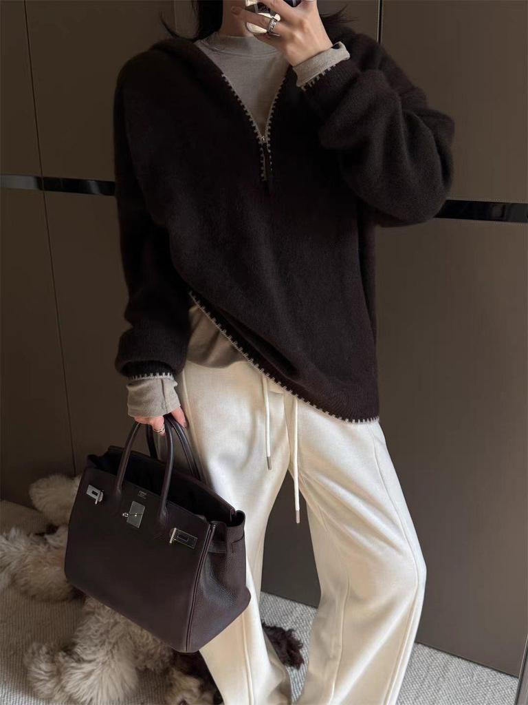 Women's Wool Knit Color Block Half-Zip Hoodie Sweater - Loose Fit, Ribbed Hem, Autumn/Winter Style.