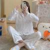 Women's Pyjamas Ice Silk Long-Sleeved Jacquard Student Sleepwear Homewear Cardigan Plaid Top Trousers Nightwear Loungewear