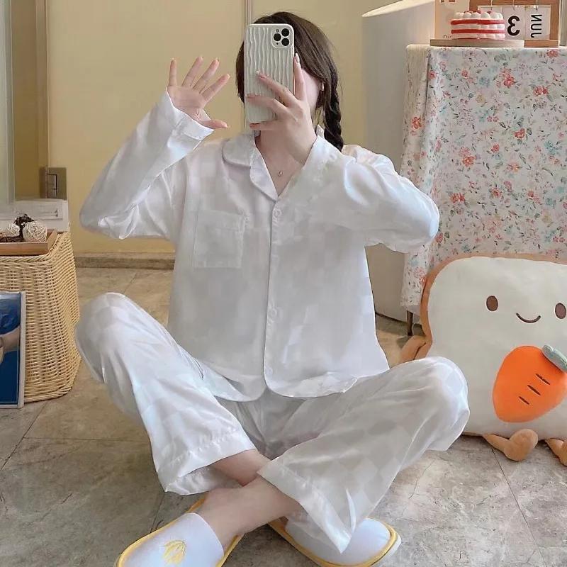 Women's Pyjamas Ice Silk Long-Sleeved Jacquard Student Sleepwear Homewear Cardigan Plaid Top Trousers Nightwear Loungewear