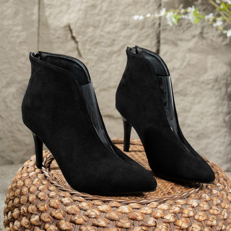 Fashion Fashion Transparent Pvc Patchwork Suede Black Ankle Boots Women Autumn Pointed Toe High Heel Boots Sexy Rear Zip Party Shoes