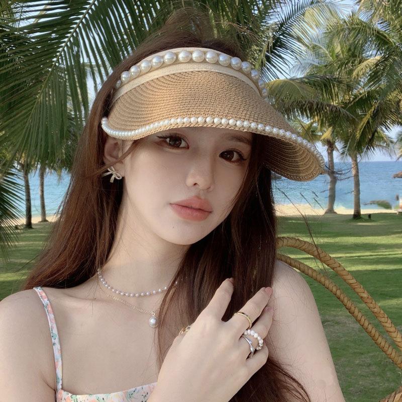 Women'S Summer New Fresh Beach Hat With Pearls Open Top Sun Hat Fashionable Raffia Straw Hat