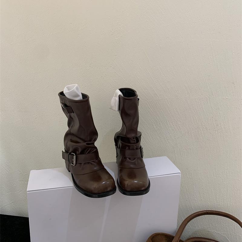 Retro style square head pleated polished thick heel piled boots women's new belt buckle sleeve cigarette boots in autumn and winter 2025