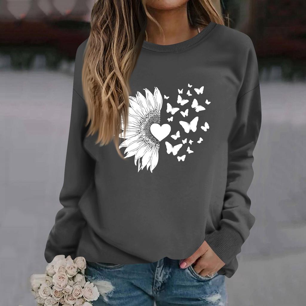 Damenmode Lässig Langarm Einfarbig Bedruckt Rundhals Oberteil Sweatshirt