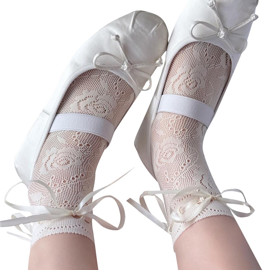 Women Sweet Hollow-Out Floral Lace Ankle Socks Japanese Cute Lace Up Bowknot Crew Socks Solid Color Middle Tube Socks
