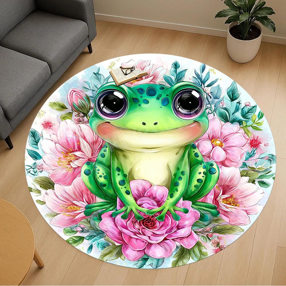 1PC Frog Flowers Office Round Area Rug, Under Office Chairs Bedroom Living Room Home Decor,Carpet for Office, -1110236