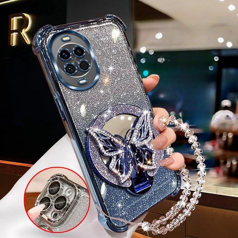 Glitter Butterfly Mirror Crystal Bracelet Case For Oneplus 13 13T 15 12 11 11R ACE 5 3 2 Pro Shockproof Plating Cover